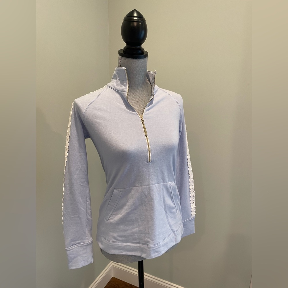 Lilly Pulitzer - Size XXS - light blue half zip sweatshirt with crocheted arms